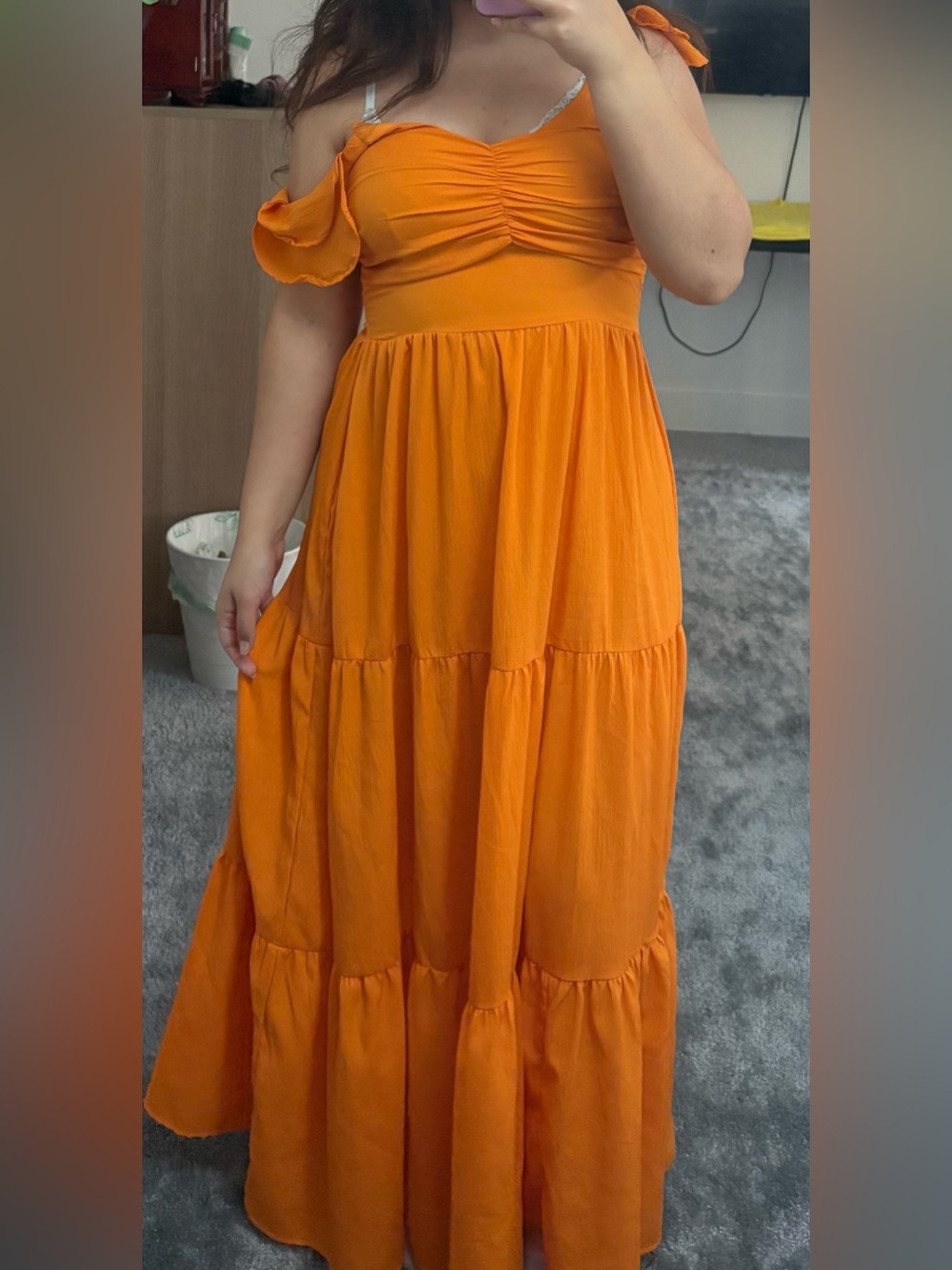 Orange Off-Shoulder Tiered Maxi Dress